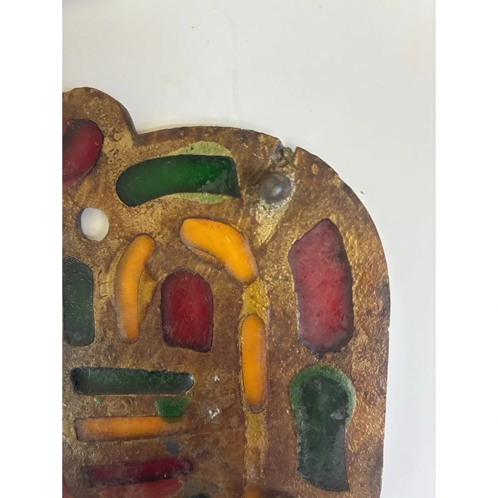 Rooster Trivet Cast Iron Stained Glass Gold‎ Tone Colorful Vintage (2)